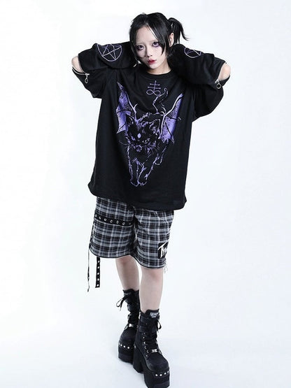 Dark Kawaii Purple & Black Hell Cat Graphic Embroidered Zip Sweatshirt - Tribuo Flos