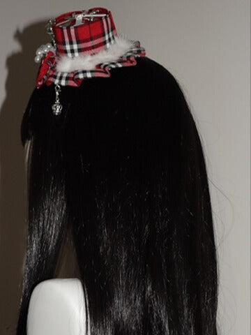 リボン結びの赤いチャームミニ装飾クラウンパターンチェック柄帽子ビーズ