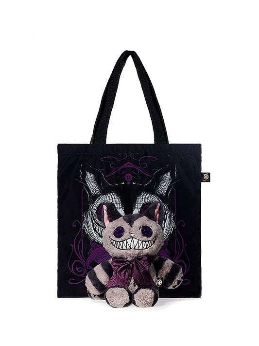 Cheshire Gray Cat Plushie Brown Canvas Bag A Guro Kawaii with