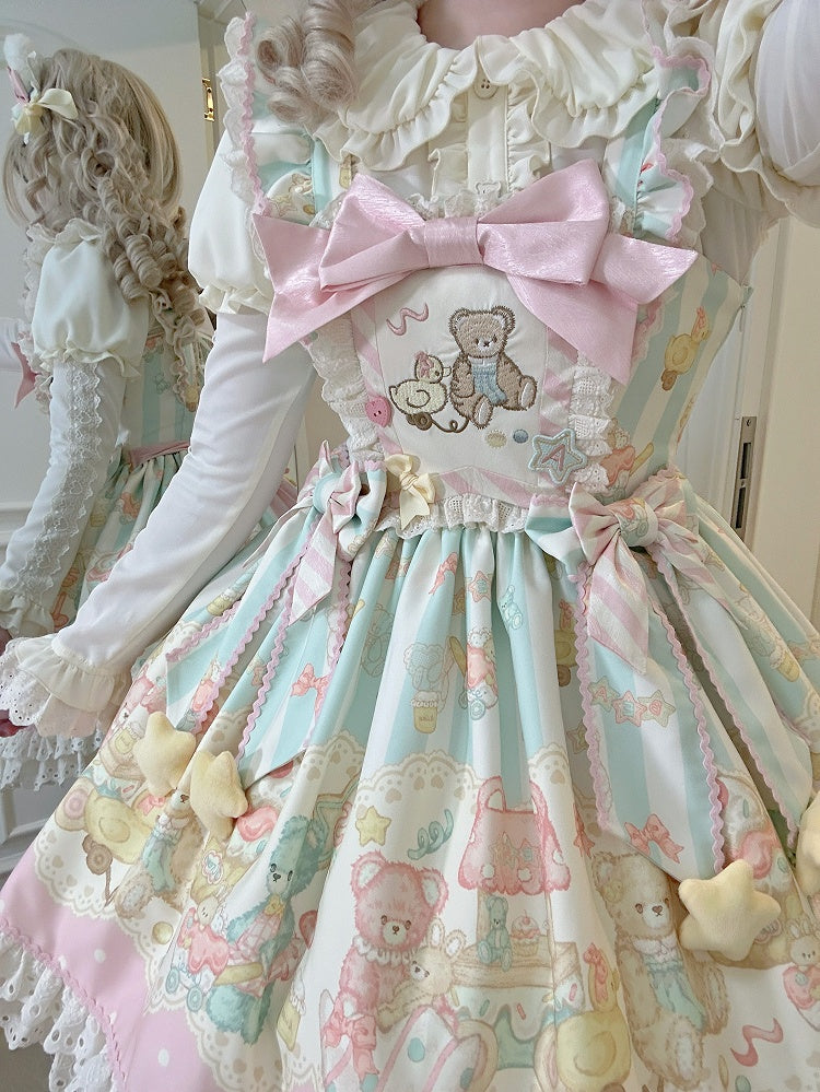 ピンクとグリーンのテディプリントのスイートロリータジャンパースカート