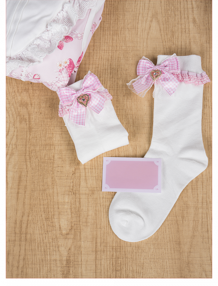 - Lolita Socks Plaid Kei Bow Ankle/Mid-Calf Pink Jirai with Length Style Sweet White