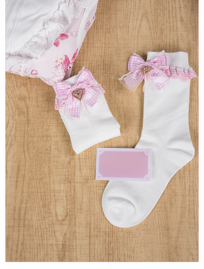 - Lolita Socks Plaid Kei Bow Ankle/Mid-Calf Pink Jirai with Length Style Sweet White