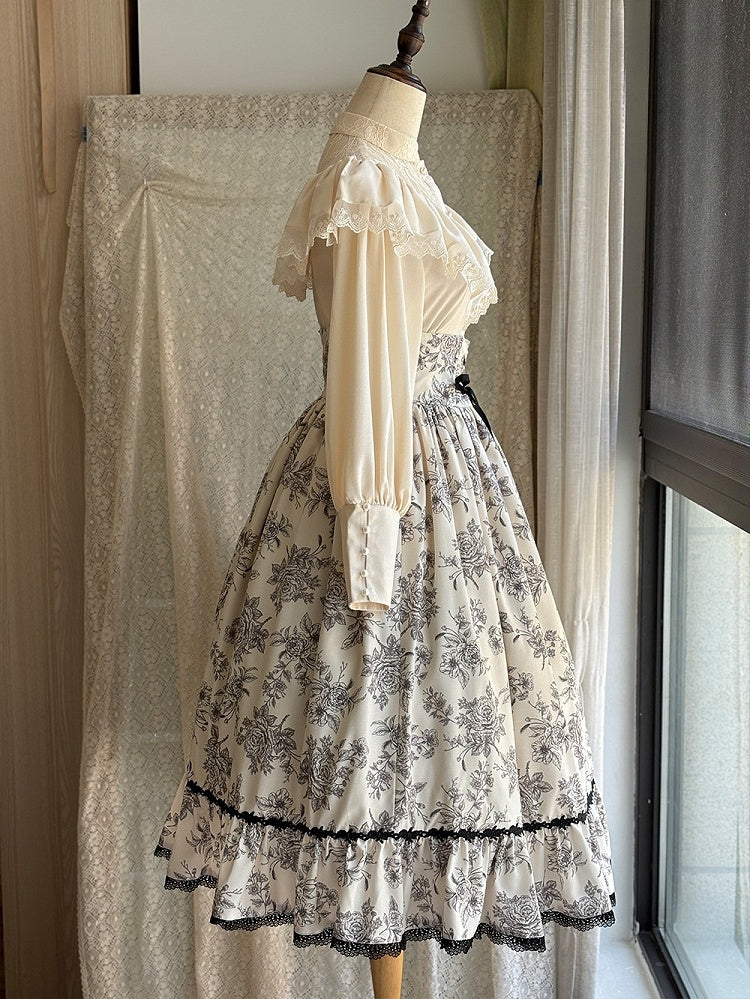 Lace Rosette Print Black Lolita Elegant Waist High with Trim Beige Boned Classic Skirt