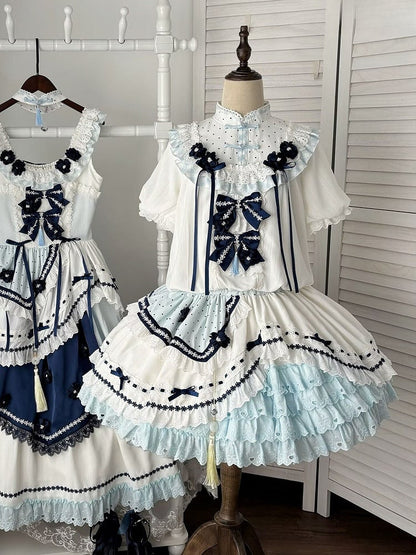 and White Banded Lolita Han Accents Blue Flower Collar Bow Dress with Puff Sleeves