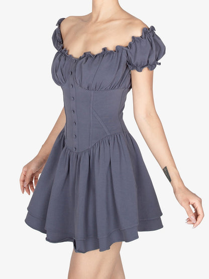 Dusty Blue Ruffled Off-the-shoulder Neckline Short Puff Sleeves Mini Dress