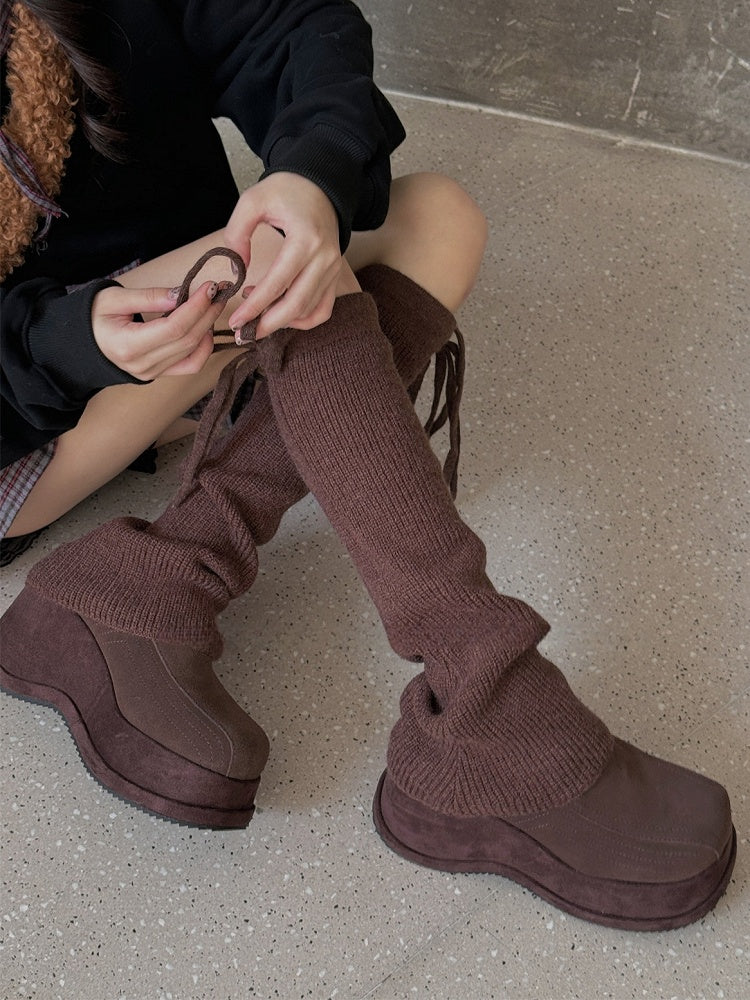 ホワイト/ライトグレー/ブラック/コーヒー/カーキ セルフタイストラップ ニットレッグウォーマー