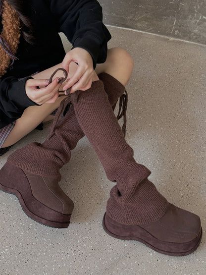 ホワイト/ライトグレー/ブラック/コーヒー/カーキ セルフタイストラップ ニットレッグウォーマー