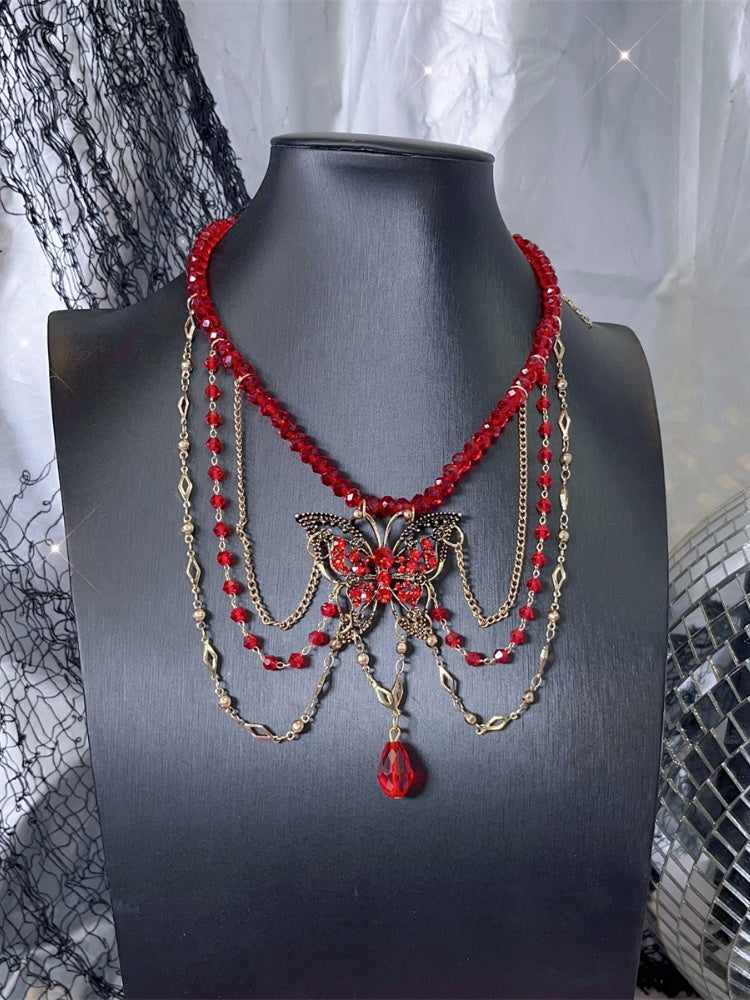 Gothic Red Bead and Butterfly Details Necklace