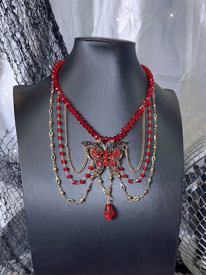 Gothic Red Bead and Butterfly Details Necklace
