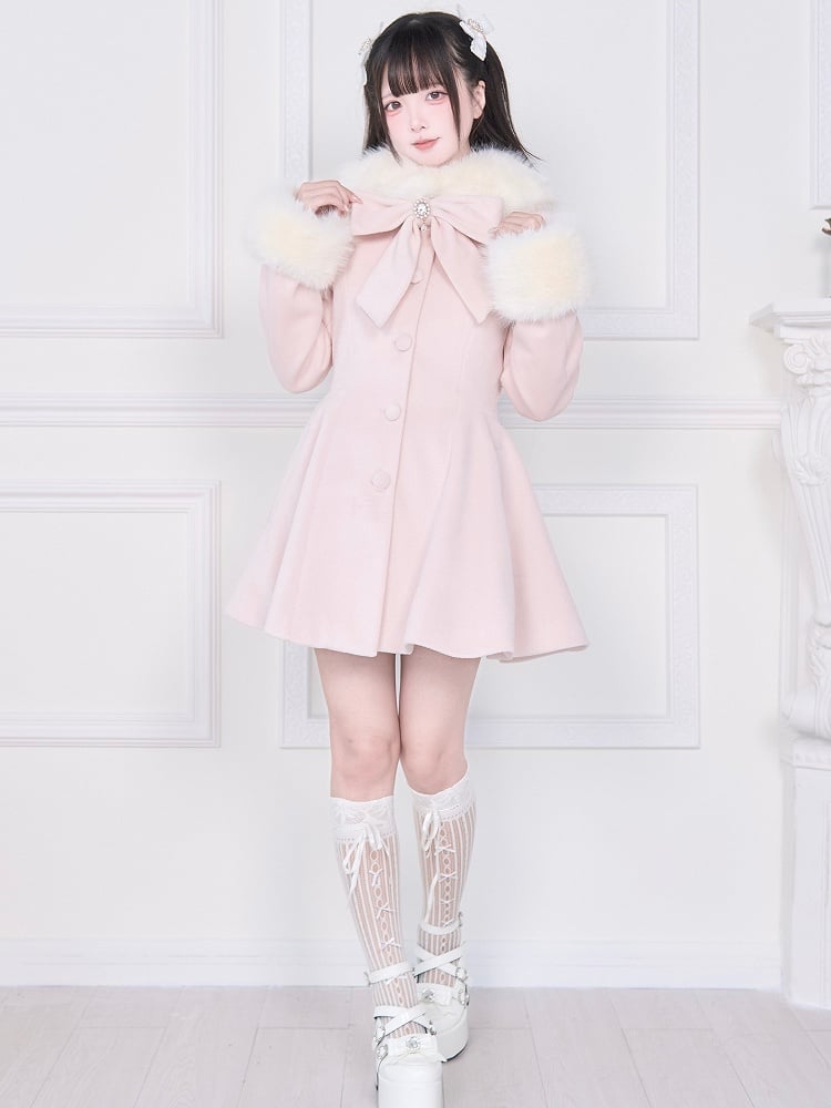 Cape Pink Jirai Kei with Plush Detachable Collar Coat Cuffs | Waist-Cinching