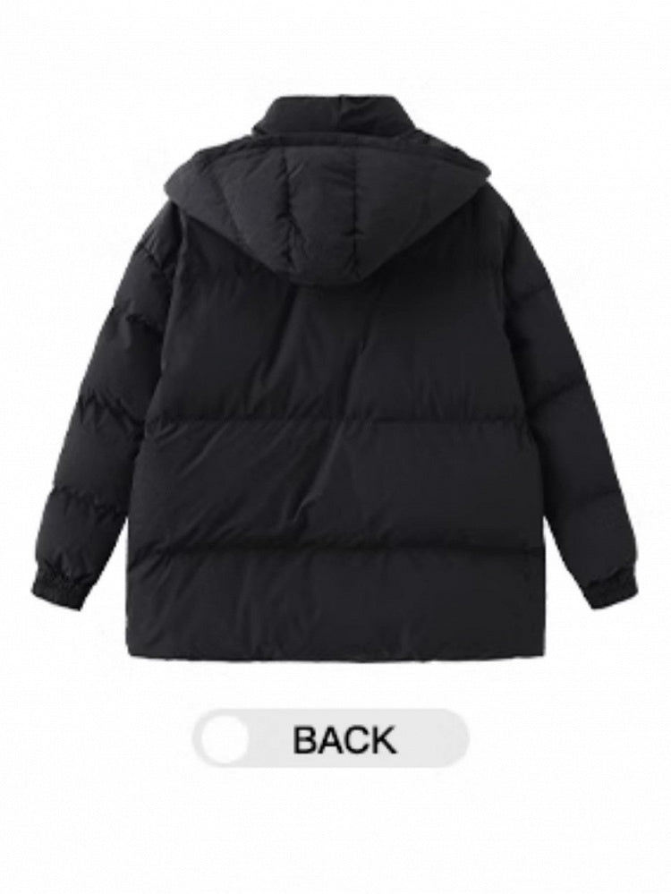 Preppy Kurzer elastischer Mantel Patches Badge Kapuze schwarze Manschetten mit gepolstertem