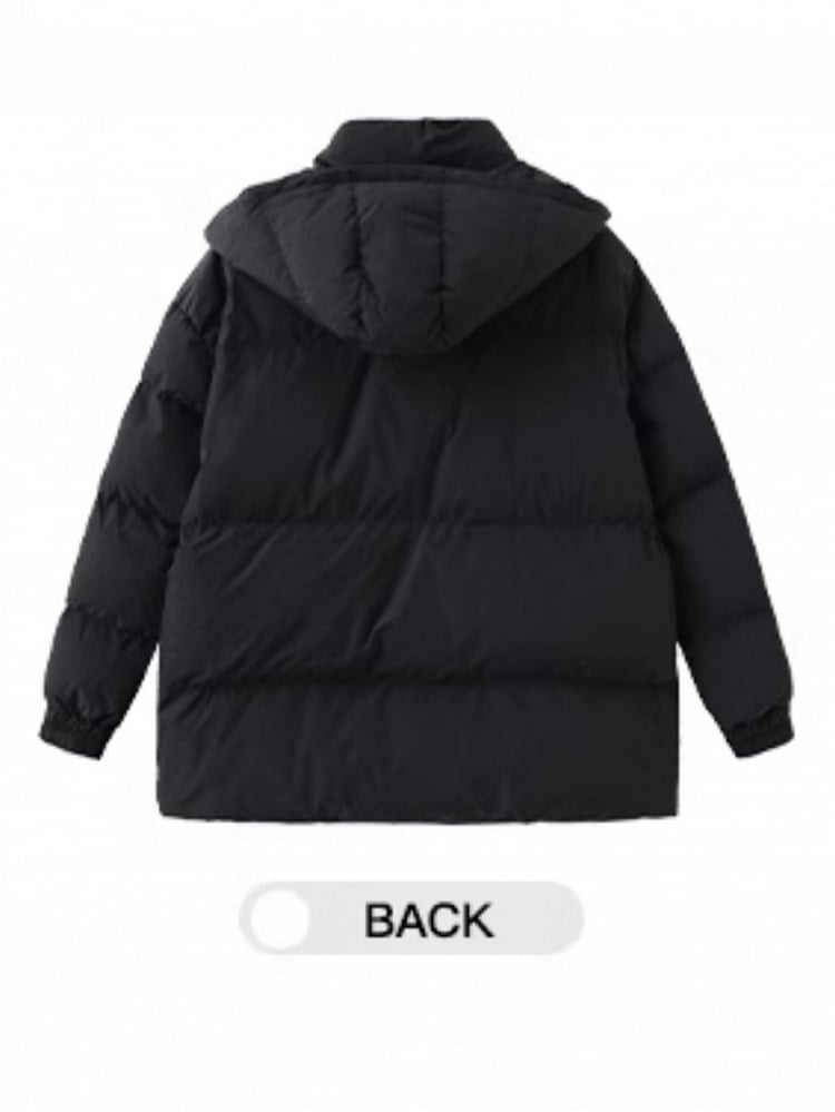 Padded Black Hooded Cuffs Short with Patches Coat Preppy Elastic Badge