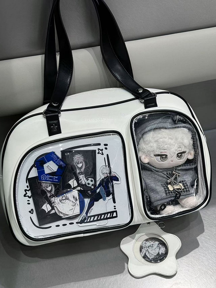 White & Black Contrast Trim Bread-shaped Ita Shoulder Bag