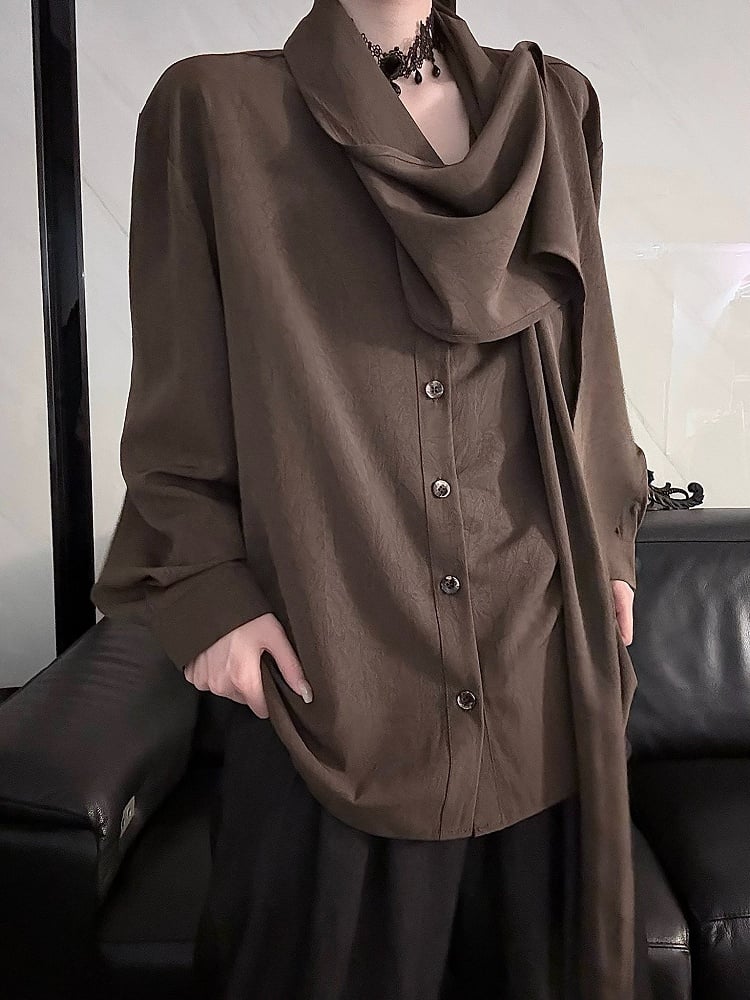 Brown Scarf Shirt Lolita Long Neckline Sleeve