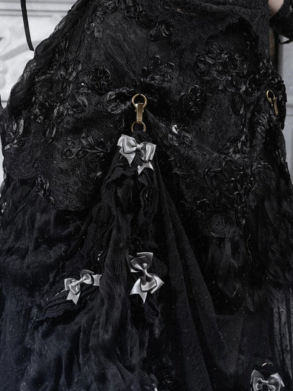 Patched Skirt Vintage Versatile Bustle Long Lace Black Goth