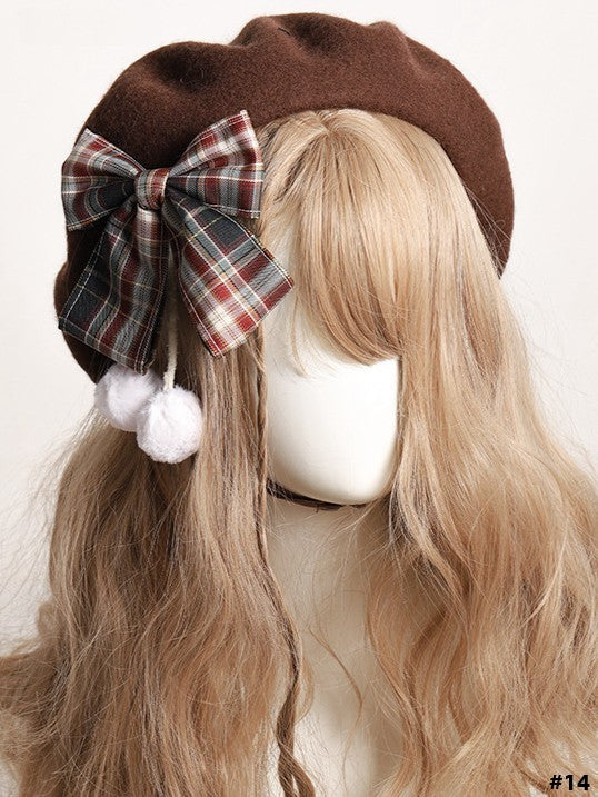 14 Color Options Plaid Bow Beret with Pom-Pom Accents