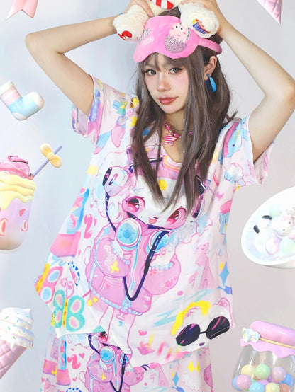 ファッションプリントの漫画袖ギャルショートカラフルシャツ