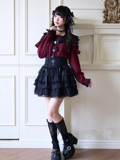 Jirai and Tiered with Details Skirt Lace Lace-up Cross Kei Ruffle Black