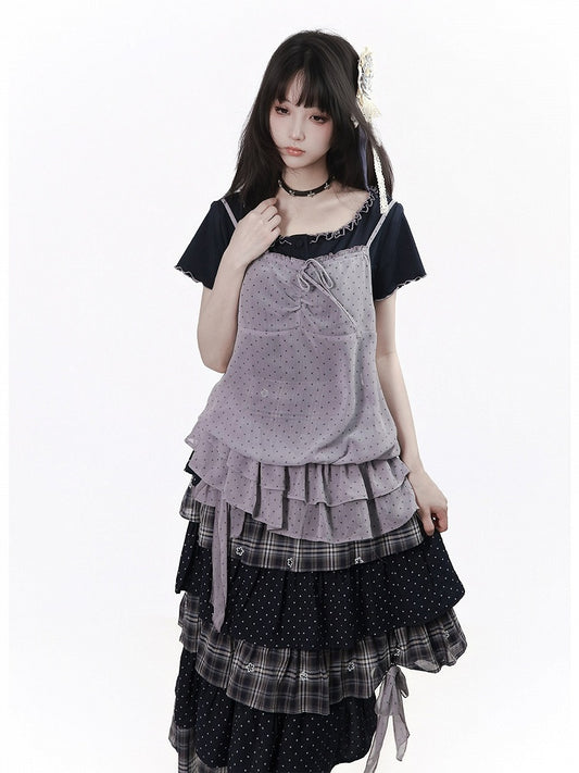 Dusty Purple Polka Dot Cami Top Ruffle Hem - PINK SAVIOR