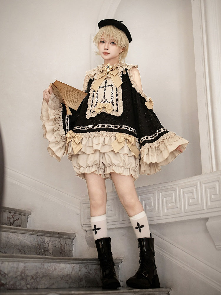 Black & Golden Cross Embroidery Cutout Shoulder Ruffled Ouji Lolita Top with Bloomers Set - Unknown Star