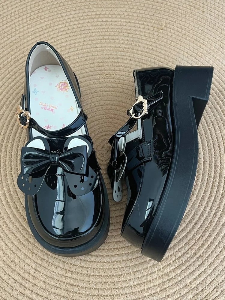 Ear Buckle - Shoes PU JK Heel Detachable Mid Black Bow Polished Academic with Style Bear