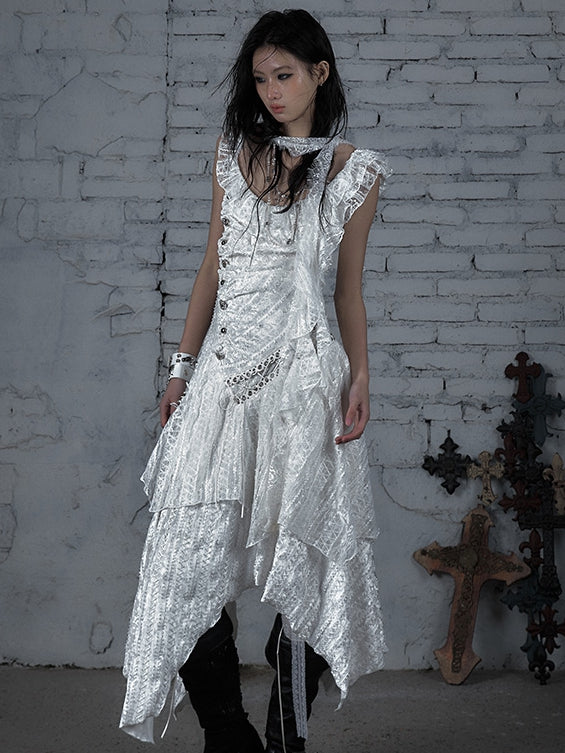 Punk Handkerchief Wasteland White Hem Lace-up Sleeveless Design Dress