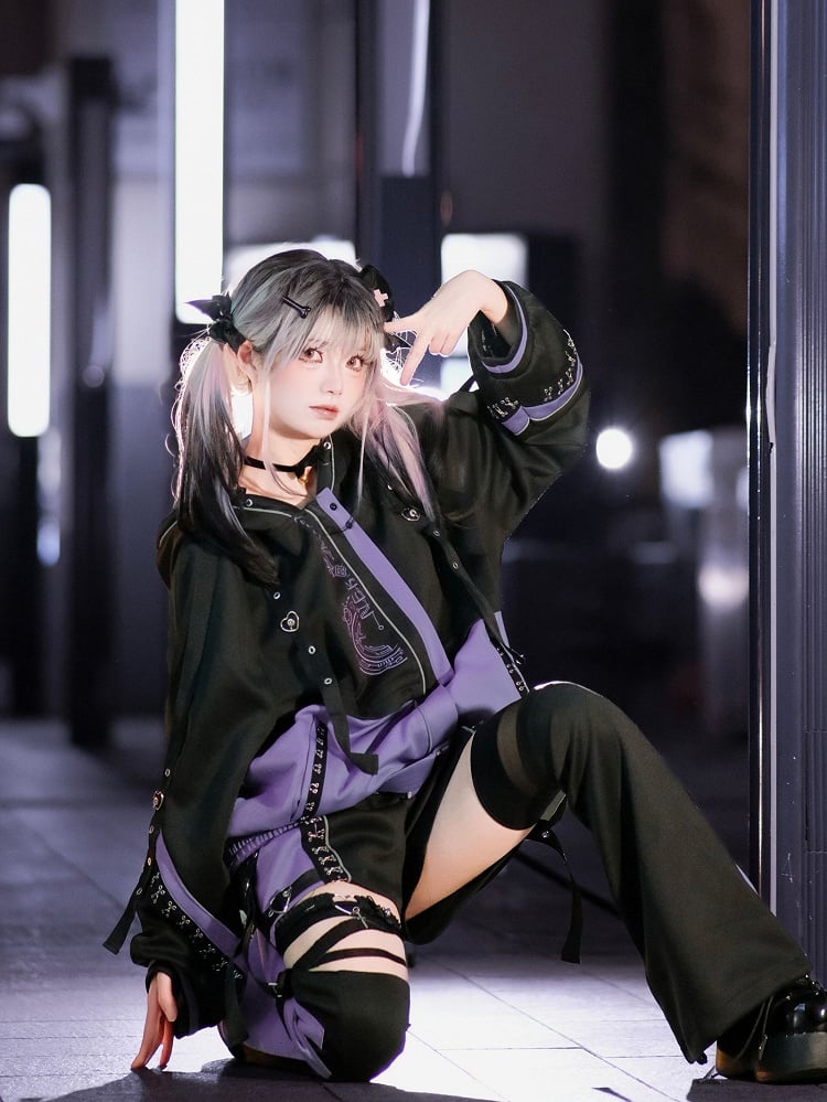 Purple J-Style Set: Futuristic Detachable Cyberpunk Black Jacket and Coord