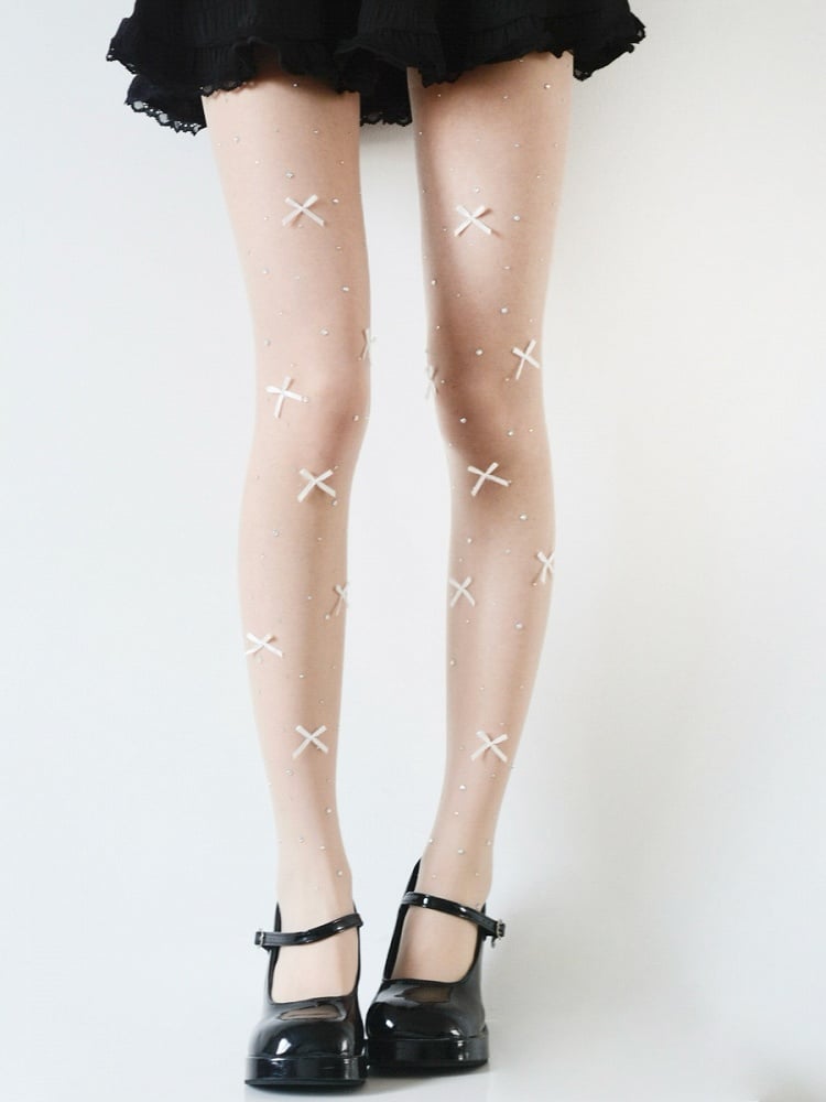White Nude/White Decoration Tights Rhinestone and Sheer Bowknot with