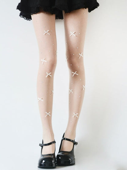White Nude/White Decoration Tights Rhinestone and Sheer Bowknot with