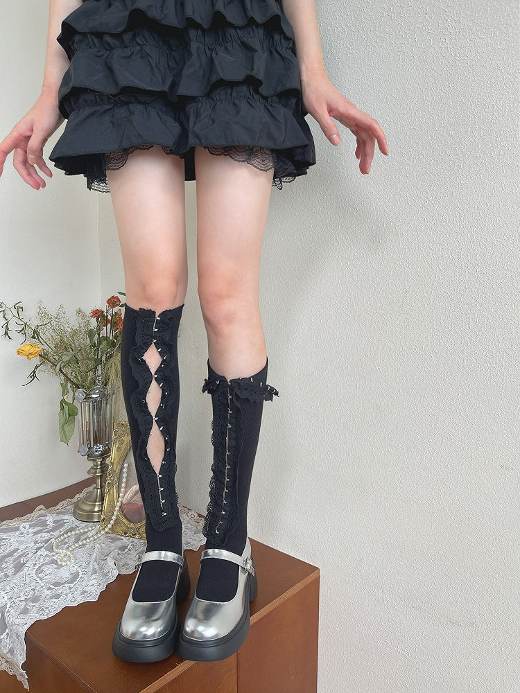 Calf Brassiere Ruffle Socks White/Black Cutout Buckle Design