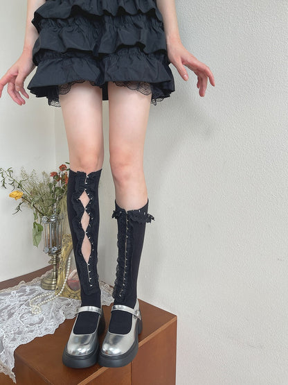 Calf Brassiere Ruffle Socks White/Black Cutout Buckle Design