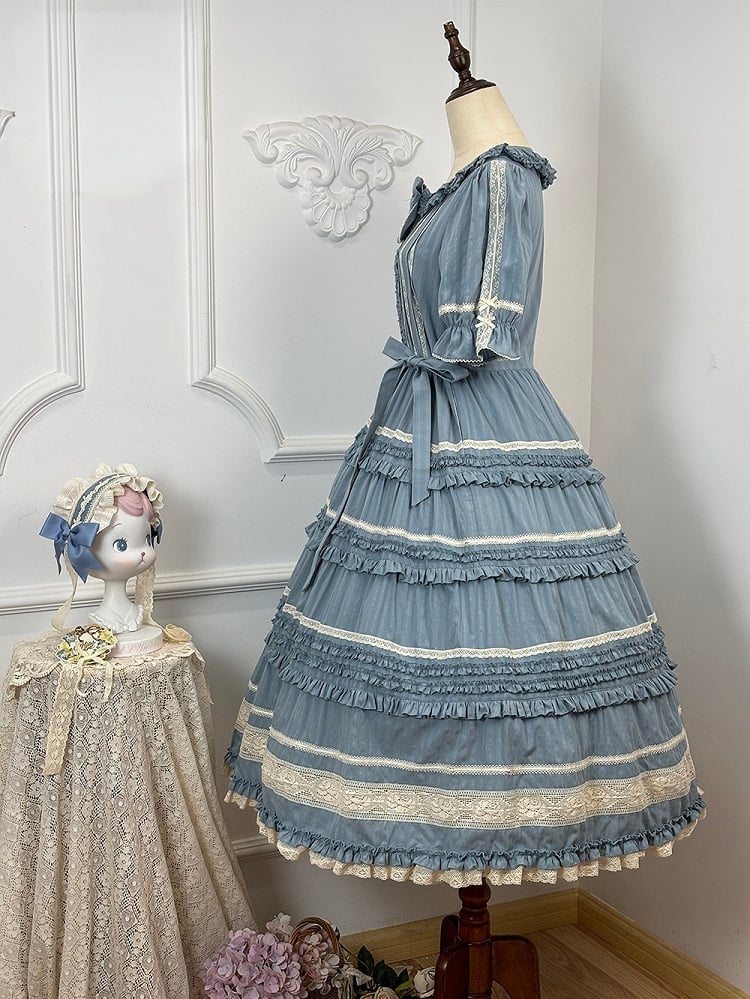 Blue Layered Ruffles Elegant Lolita Dress Front Button Placket - Miss Point