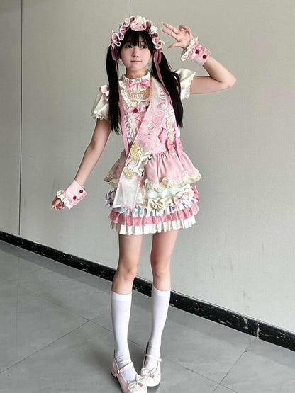 Kawaii Pink 3D Horse Embroidery Short Sleeve Blouse with Bow Layered Ruffle Skirt Set - Sweet Dream Box