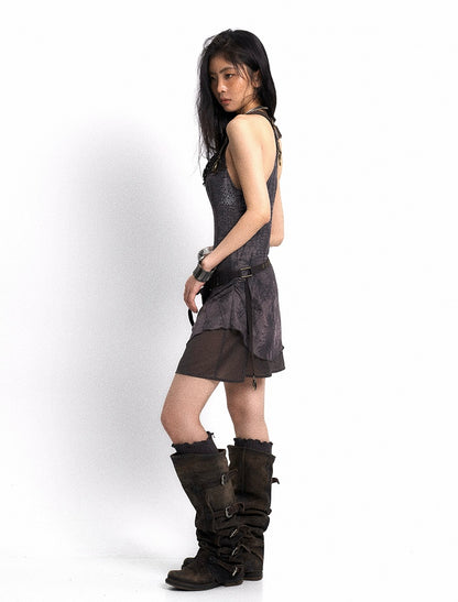 Adjustable Neck with Dress Print Belt Floral Black PU Cowl Layered