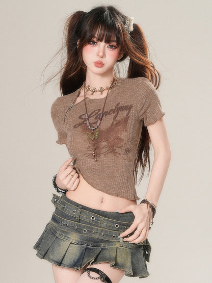 Butterfly Bittersweet Print T-shirt And Brown Letter Glamorous