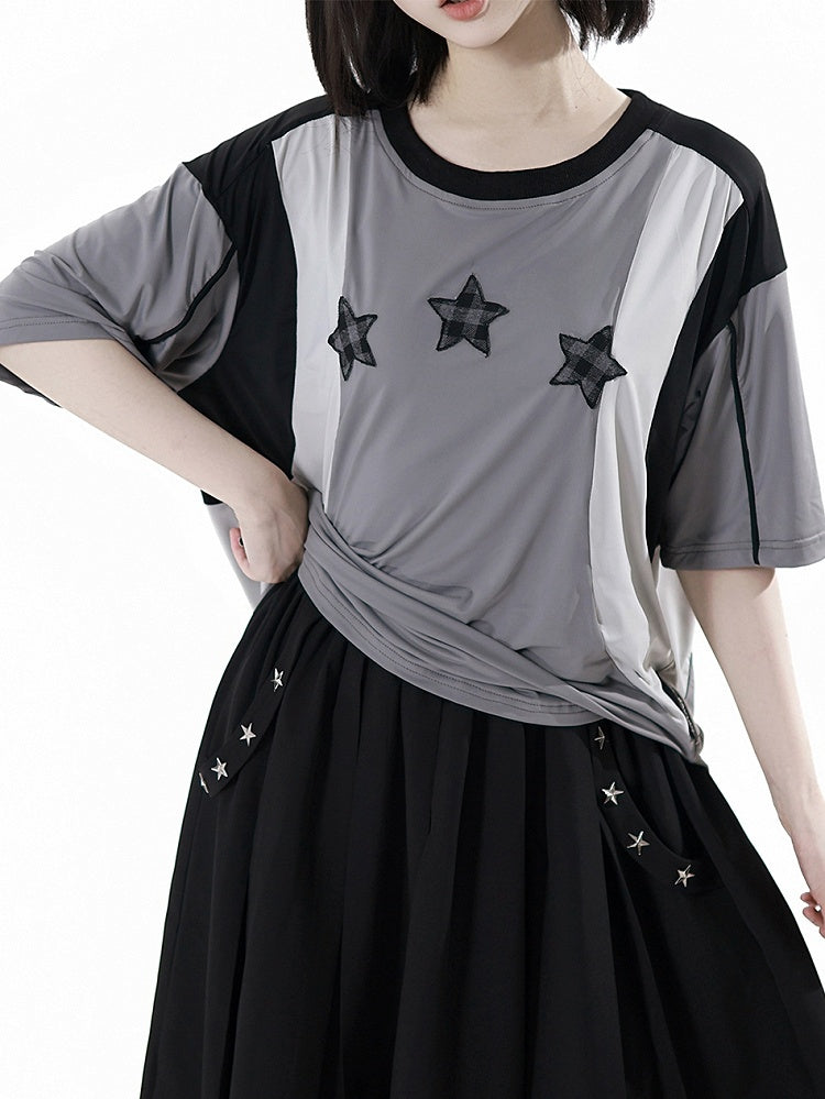 Neck Design Round Sports T-shirt Colorblock Star Appliques Plaid Black/Gray