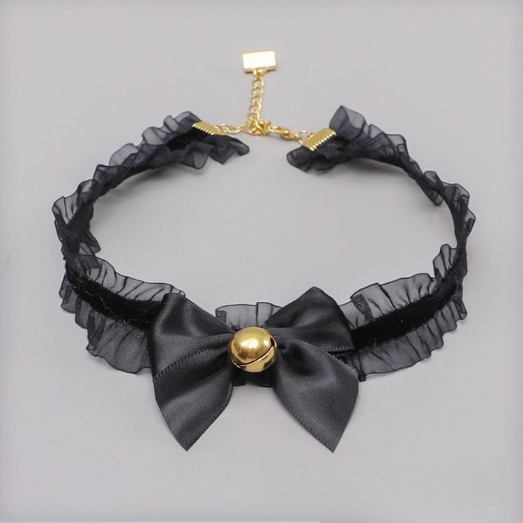 Bow Bell Choker Decorated Black/White/Pink Lace Cute
