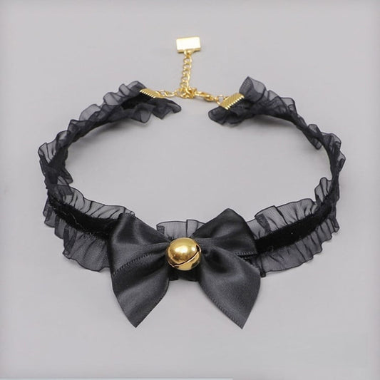 Bow Bell Choker Decorated Black/White/Pink Lace Cute