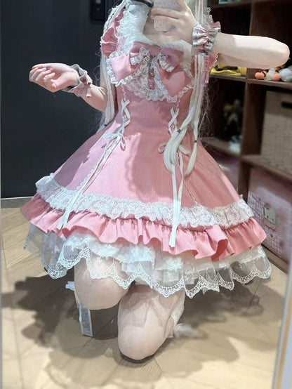 Pink Bow Lace JSK with Bunny Ear Hat Set - Delusions Studio
