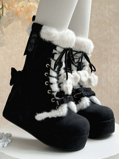 Lined in Sweet 4cm Black Romantic Lolita Boots Plush Bow Accents Platform