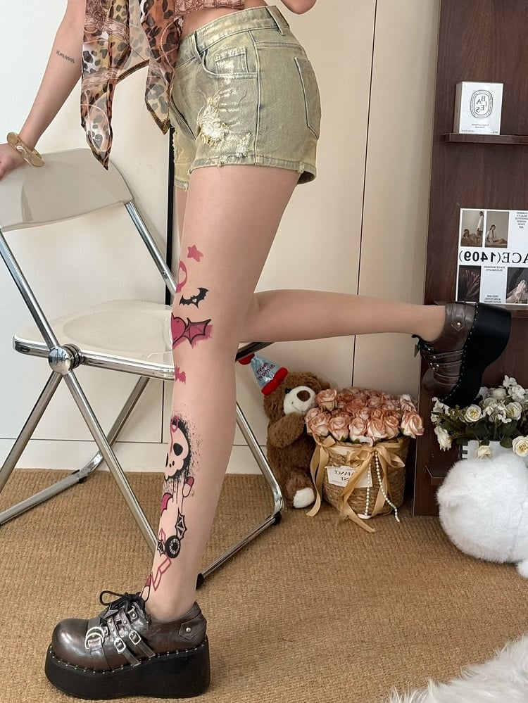 Skeleton Bone Bittersweet Print Tights Y2K And Nude Heart