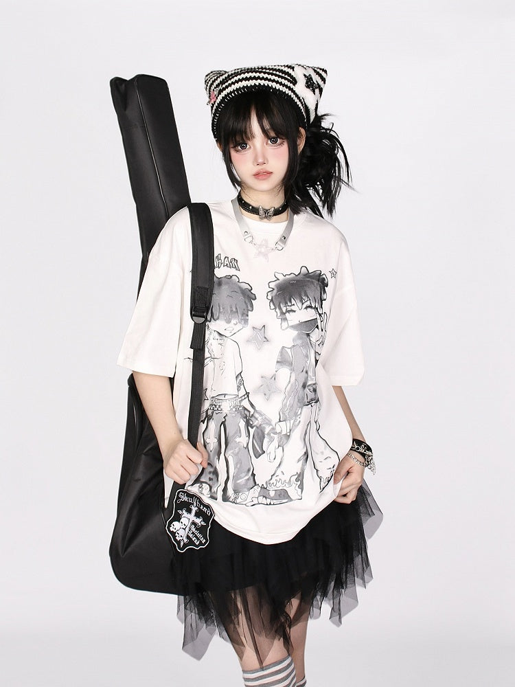 Loose-Fit Anime Character Graphic Tee - Flattering and Stylish White/Black/Pink