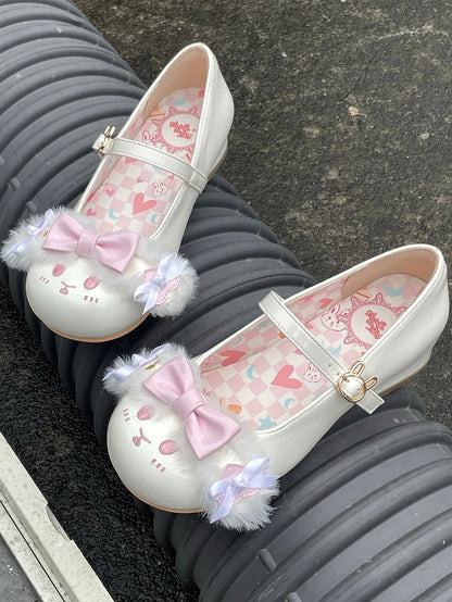 Bowknot Lolita Toe Strap With Ear Sweet Plush Round Bunny Shoes WhitePink Buckle Details