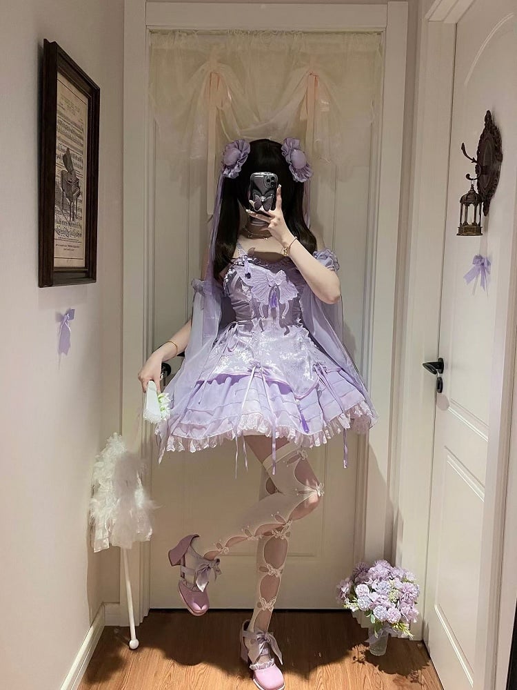 Sleeves with Fairy and Decorated Lolita Tassels Butterfly Ruffle Purple Cascading Jumper Skirt