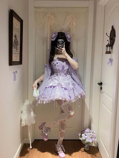 Sleeves with Fairy and Decorated Lolita Tassels Butterfly Ruffle Purple Cascading Jumper Skirt