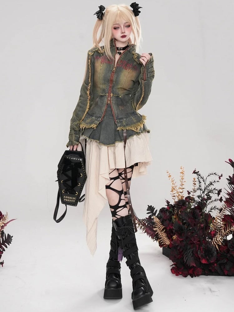 パンクグレーレタープリントディストレストリムスリムフィットデニムジャケット