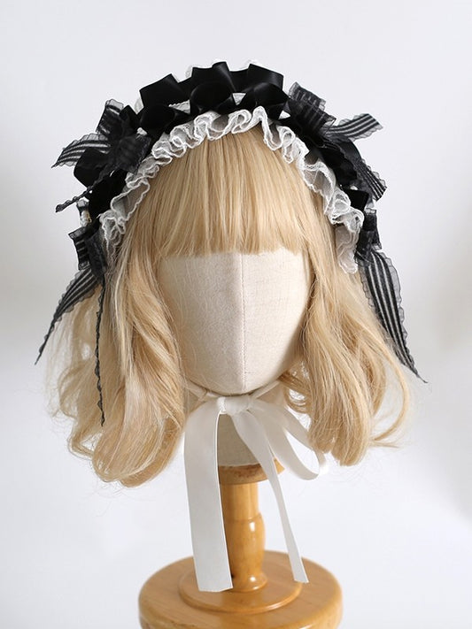 Beaded Decorated Sweet Ruffled Details Hairband Lolita Heart Bowknot WhiteBlack