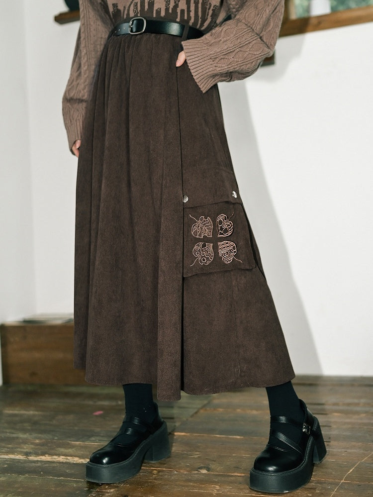Chinese Pockets Cargo Skirt - Leaf Brown Motif with Embroidery Style