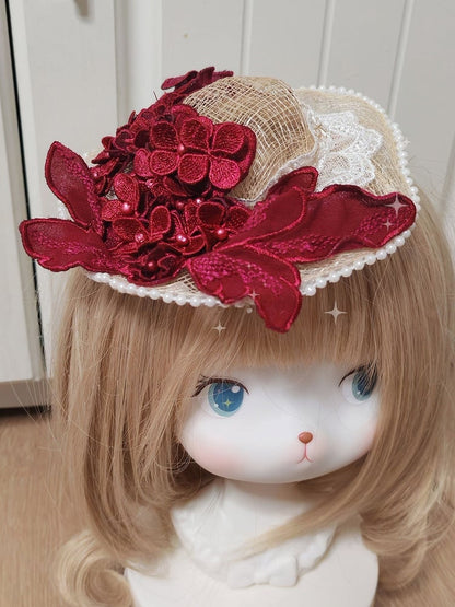 Hat Flower Straw Pearl Clips Red Lolita With Mini Wine