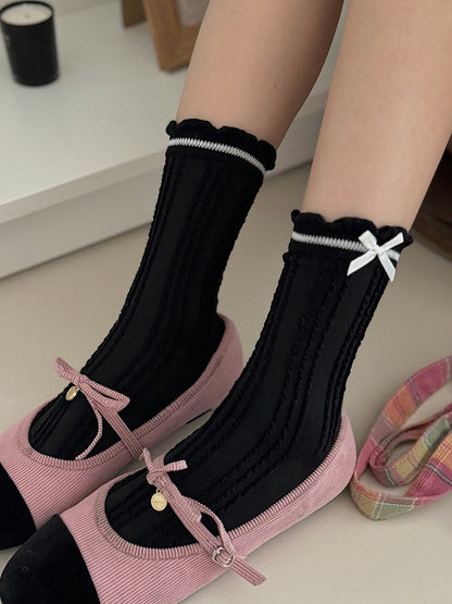 White/Beige/Light Grey/Dark Grey/Black Sweet Bowknot Ruffled Cuff Calf Socks